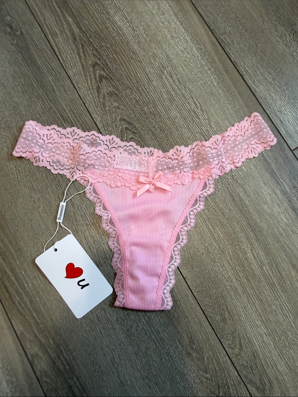 Light Pink Ribbed Lace Thong with Bow